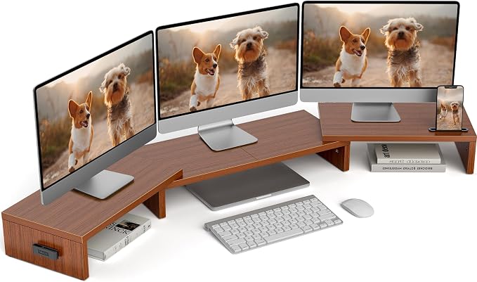 BONTEC Triple Monitor Stand Riser with Smartphone Holder, Walnut | Adjustable Length & Swivel Angle, Ergonomic Wooden Desktop Organizer for PC Monitor, Laptop, Printer, Large Storage, 53.3 in
