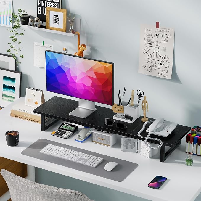 Simple Trending 38" Dual Monitor Stand Riser, Desk Organizer, Black | Laptop & Printer Stand, for 2 Monitors, Wood and Steel, Ergonomic Support, Easy Setup, Home Office Desk, 38"W x 10.25"D x 5"H