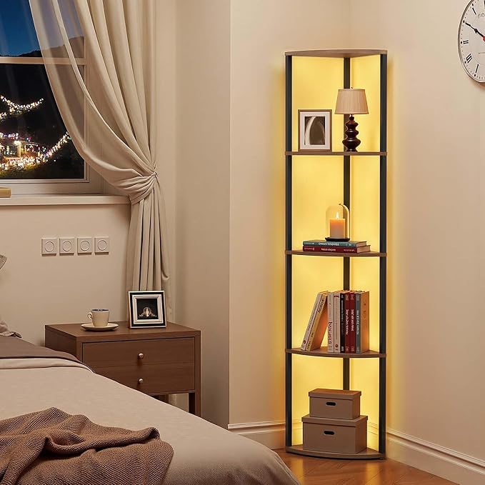 VEVOR 5 Tier Corner Shelf with LED Light, 64" Tall Corner Bookshelf with Storage Shelves for Collectibles, Display Shelf with Multi-Color Lights Controlled Via RC/APP for Bedroom, Living Room, Office