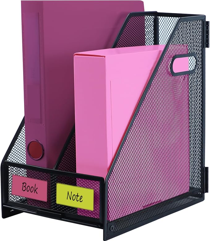Desk Organizers, Metal Magazine File Holder with 2 Vertical Compartments Rack Binder File Organizer for Office Supplies, Home Workspace - Black