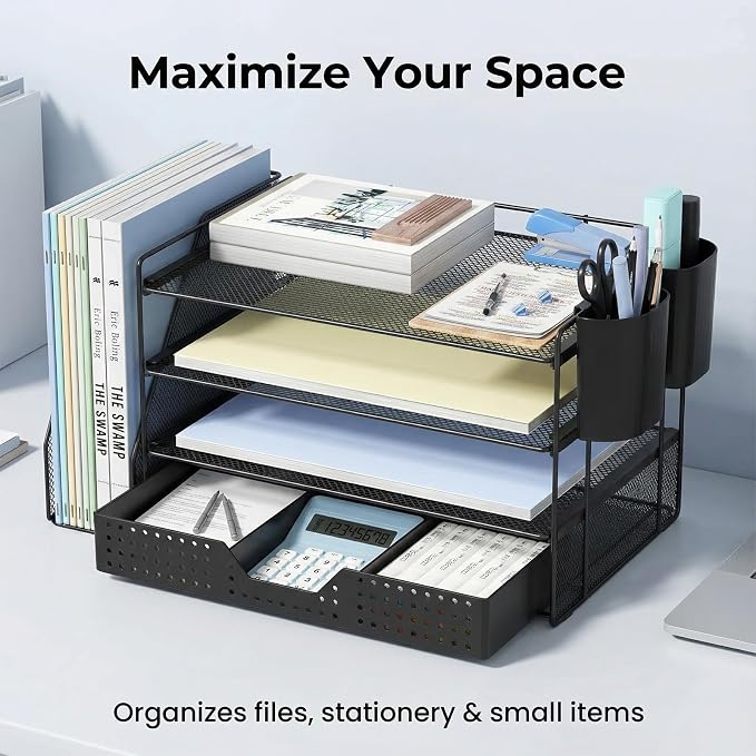 ECOLOVI Desk Organizer, 4-Tier Paper Organizer Letter Tray with File Holder, Drawer and 2 Pen Holders, Desktop File Organizer for Office Supplies, Workspace Storage, Black