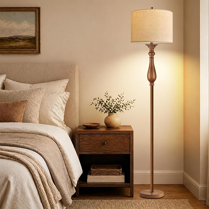Wood Floor Lamps for Living Room Farmhouse Boho Floor Lamp with Remote Control & 3 Color Temperature,Dimmable Vintage Floor Lamp Mid Century Modern Standing Lamp Pole Tall Floor Lamp Bedroom Corner