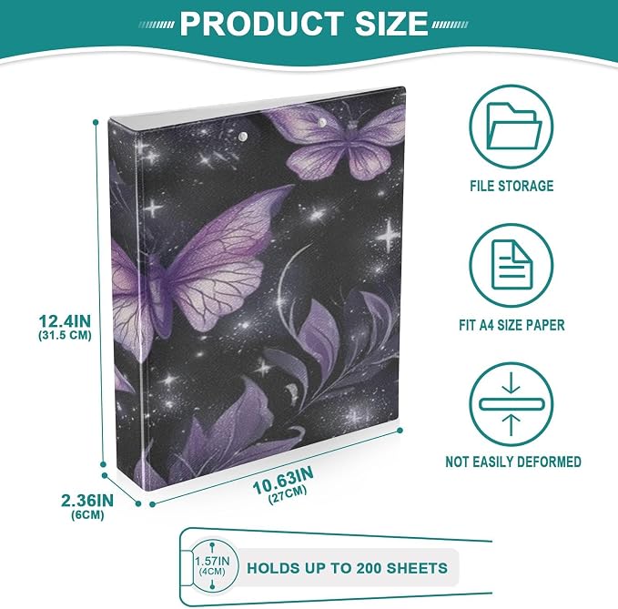 Purple Butterflies 3 Ring Binder 1.5 Inch Binders Organizer with Clear Interior Pockets Binder for School Office Work 1 Pack