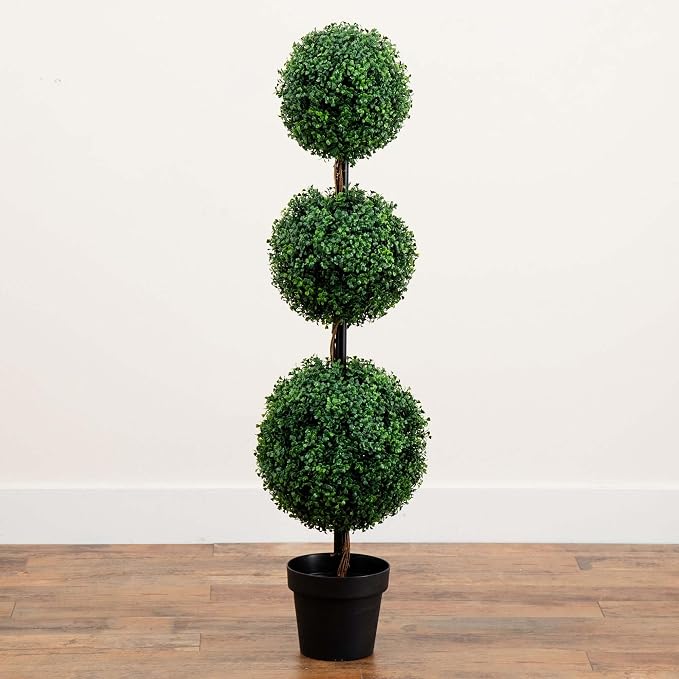 Nearly Natural 4 ft Artificial Triple Ball Boxwood Topiary Tree with Pot | 732 Lifelike Leaves, Quality Materials, Stabilized in a Nursery Planter, Suitable for Indoor or Outdoor Use