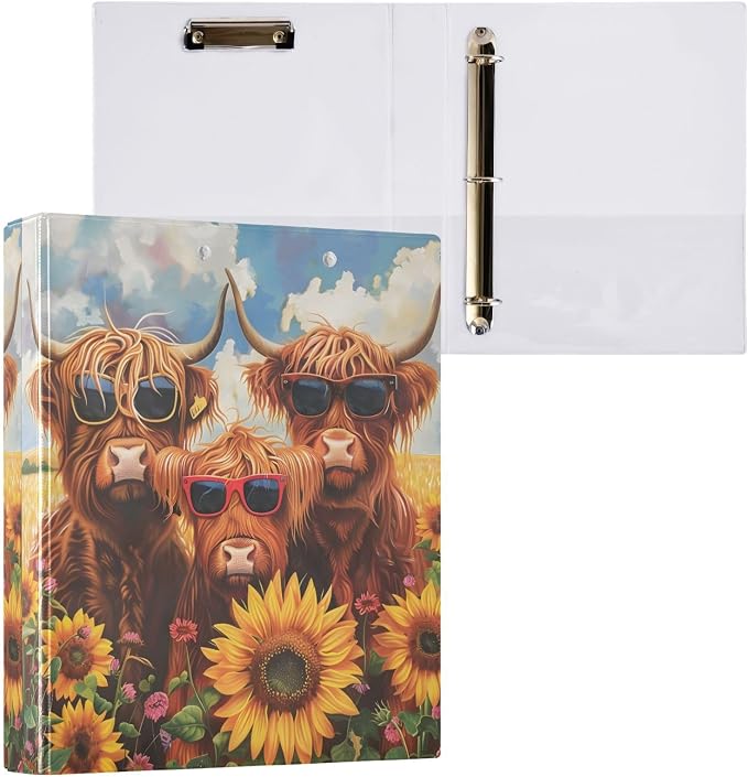 Custom 3 Ring Binder Highland Cows Sunflowers 1.5" Round Ring Binders Personalized Name View Binder with 200 Sheet for Women Men Office Kids School Supplies, 1 Pack