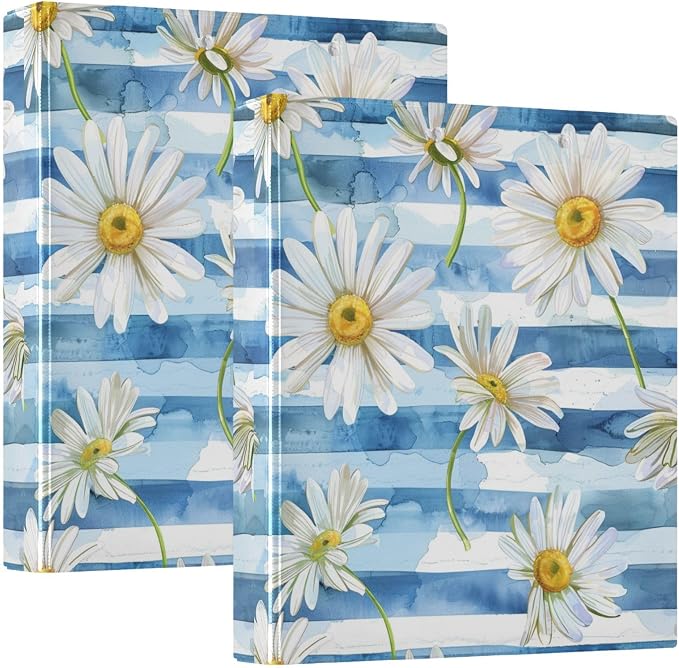 3 Ring Binder, Blue Striped Daisy Flowers File Folder Holds 200 Sheets File Storage for Women Men School Office Supplie