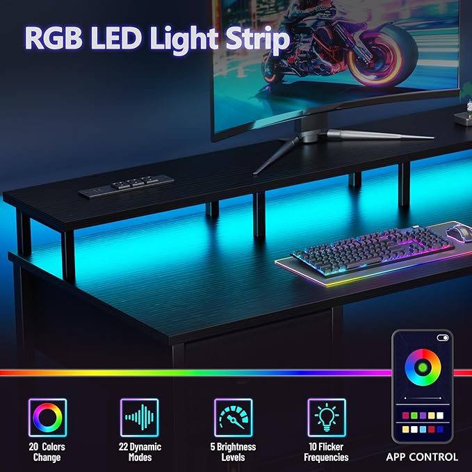 Korfile 61 Inch Gaming Computer Desk with Power Outlets,LED,5 Drawers,Black | For gaming and working,built-in power outlets and LED lights,5 fabric storage drawers, ffits 61-inch, monitor stand,black