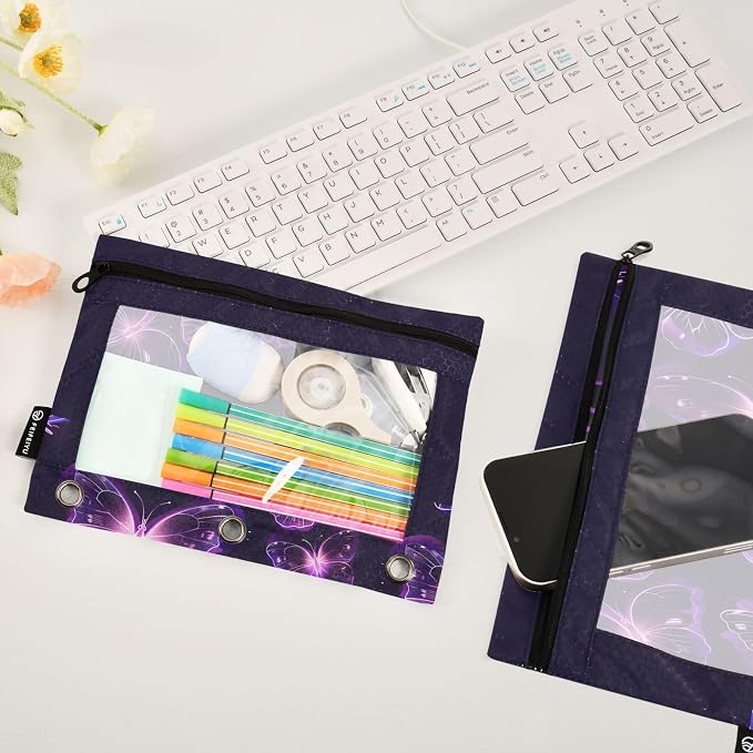 Custom Butterflies Purple Neon Pencil Pouch for 3 Ring Binder, 2 Pack Personalized Name Waterproof Pencil Bags Clear Window Pencil Case School Office Supplies