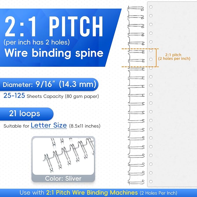 RAYSON Double Loop Binding Wire Spines, 9/16 Inch, 2:1 Pitch Binding Wires Capacity 125 Sheets, 21-Loops for Letter Size Paper, Silver Wire Binding Spiral Pack of 100