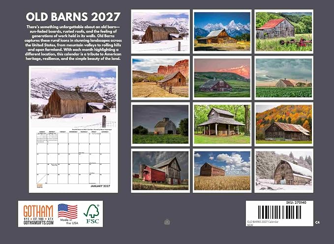 Old Barn Calendar 2027 Country Farm Monthly Wall Calender 12 Month | American Made In The USA