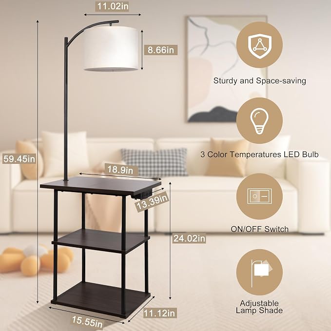 PESRAE Floor Lamp with Table, End Tables with Charging Station(USB & Type-C & AC Port), 3 Color Temperatures 9W LED Bulb, Modern Shelves Side Table for Bedroom, Living Room