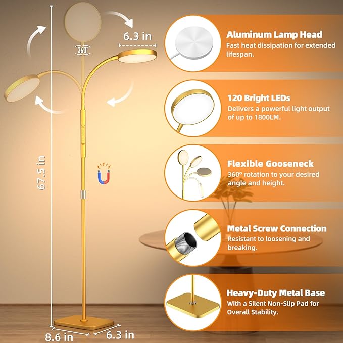 PACOVY Floor Lamp, Adjustable Height Floor Lamps for Living Room Bedroom, 120 LED Super Bright Standing Lamp Remote & Touch Control Dimmable Gooseneck Tall Stand Reading Lamp for Office Craft, Gold