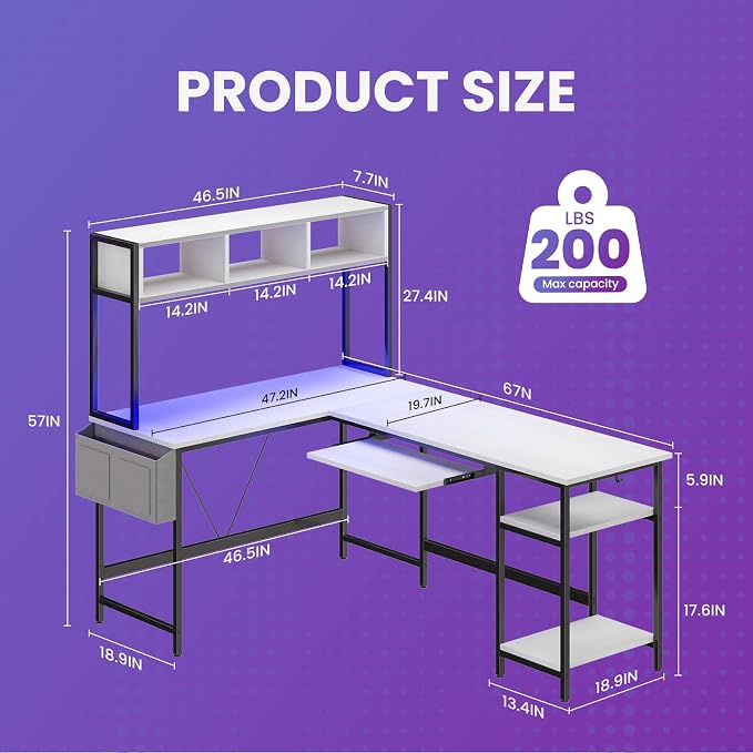 DUMOS 67" L Shaped Gaming Desk, Reversible Computer Desks with LED Lighting | Corner Desk for Compact Spaces, Keyboard Tray & Storage Shelf, Home Office, White