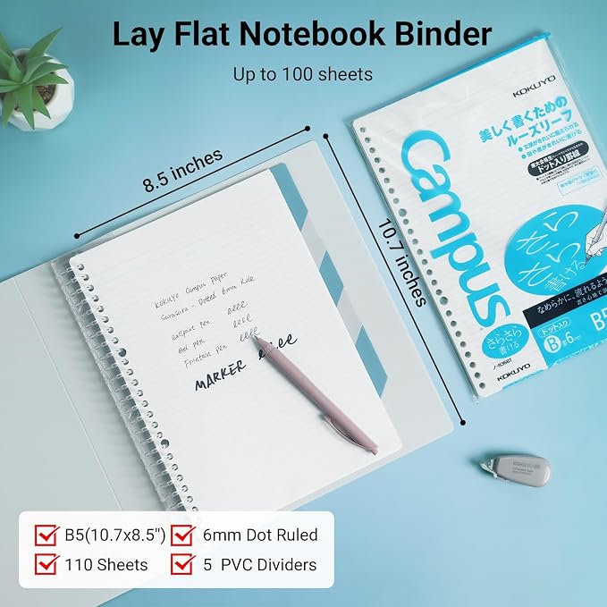 KOKUYO Refillable Spiral Notebook with Dividers & Tabs, B5 Hardcover 5 Subject Notebook Binder for Work, 100 Sheets, 6mm Dot Ruled, Campus Refillable Business Binder for School Note Taking, White