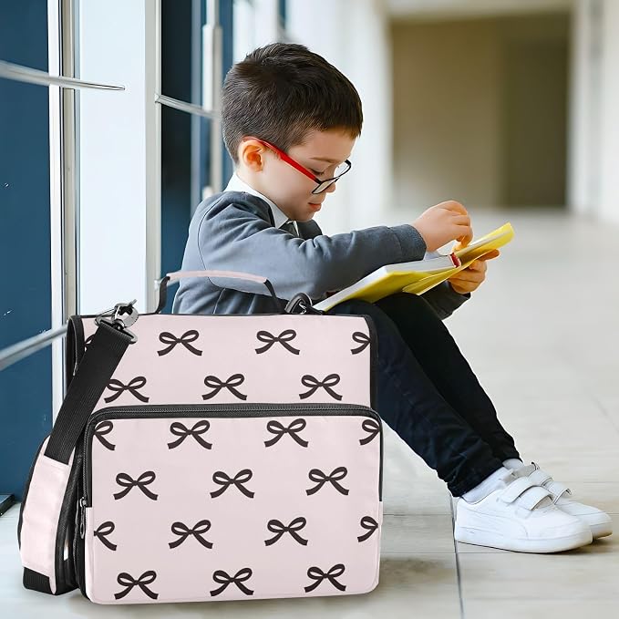 Beauty Black Bow Pink Zipper Binder with Shoulder Strap Trapper Keeper 3 Ring Binder Organizer Large Capacity Multiple Compartments for School Office