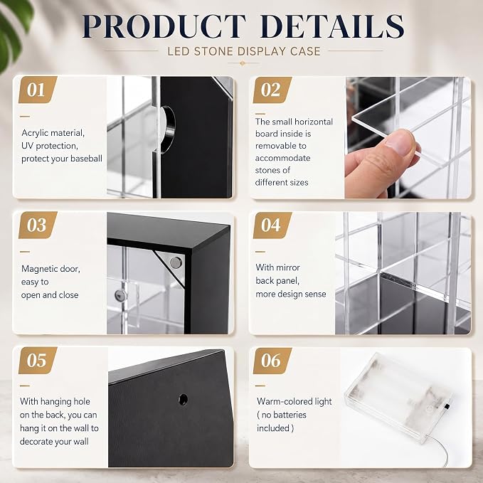 Cinnvoice Rock Display Case 56 Grids,Black Border with LED,Square | Adjustable Acrylic Display Case, Crystal Organizer for Collectible, with Built-in Mirrored, Magnetic Door, Wall Mount