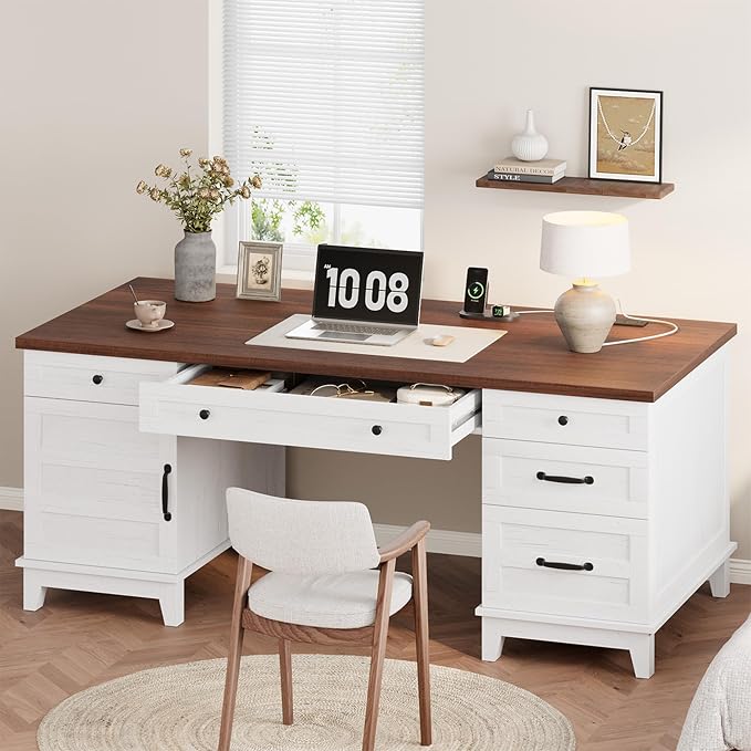 IDEALHOUSE Farmhouse Executive Desk 60 Inch, Wooden Home Office Desk with Adjustable Storage Cabinet, Built-in Charging Port, File Cabinet for Writing & Study, Elegant Workstation, Brownish White