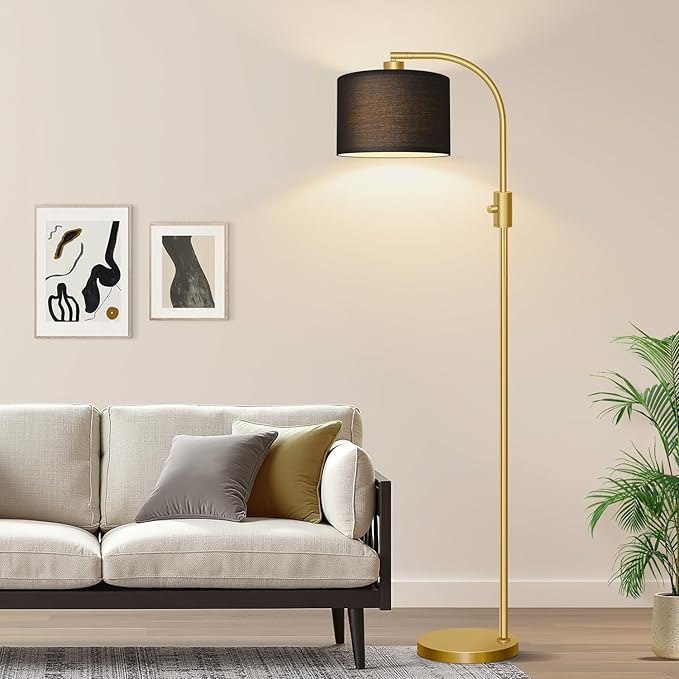 Nintiue Upgraded Modern Arc Dimmable Tall Standing Floor Lamp with Black Shade, 1200 Lumens LED Bulb Included, for Living & Reading Room, Bedroom, Office & Nursery, Gold