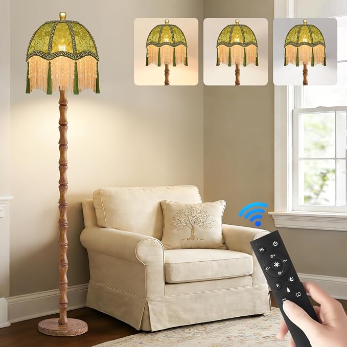 ZECOXOL Wood Floor Lamps for Living Room Boho Rustic Floor Lamp with Remote Control,Dimmable Vintage Floor Lamp Green Mid Century Modern Standing Lamp Pole Tall Fringe Floor Lamp for Bedroom Corner