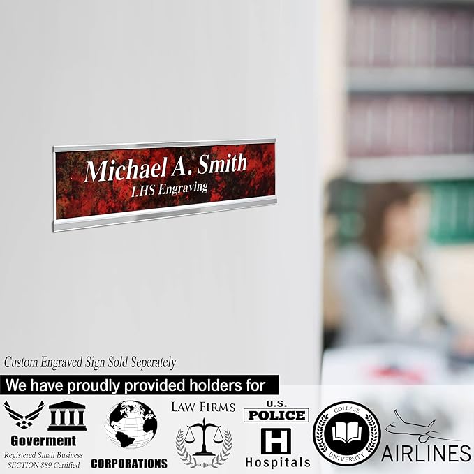 Personalized Name Plate with Choice of Mounting Holders for Walls, Doors, Cubicles, Hanging and More - Custom Gloss Rustico Granite Plastic White Letters - USA Made 2x12 - S2