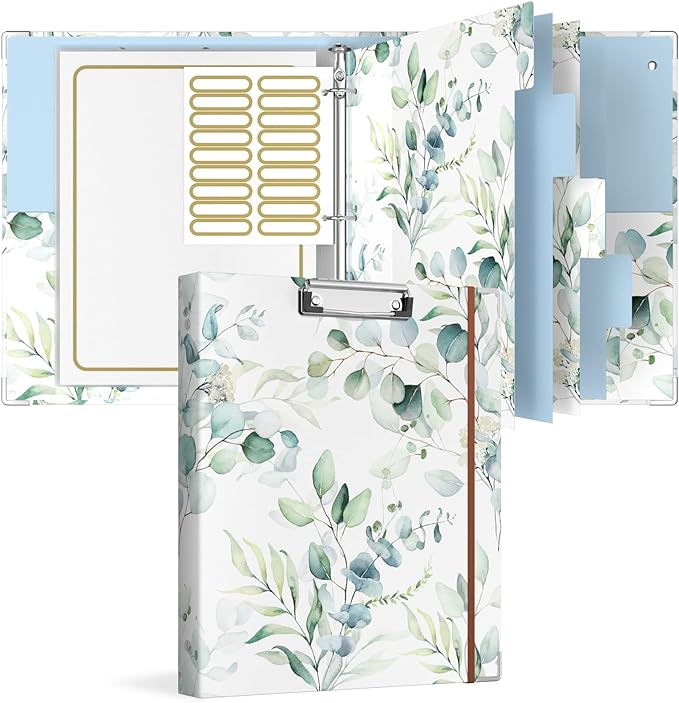 Rouidr 3 Ring Binder with clipboard, 1 inch 8.5 x 11 in Letter Size View Binders Organizer with Dividers Tabs & Clear Sleeves, School Supplies, Office Supplies, Eucalyptus Leaf