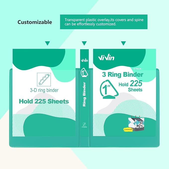 ViVin Sturdy 1 Inch D Ring Binders with 2 Pockets, 6 Pack, Lake Green | 3 Ring Binders with Clear View Cover, Hold 225 Sheets of US Letter Size Paper, PVC-Free for Office, Home, School