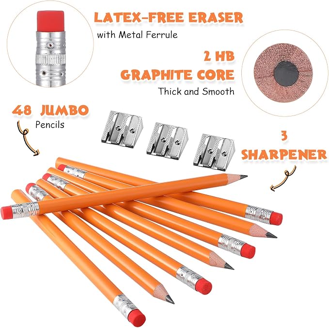 Fainne 48 Pcs Large Pencils 3 Sharpeners,Orange+silver,Round