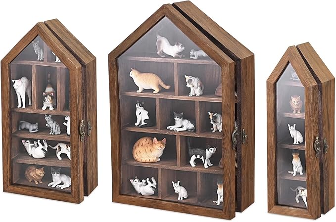 Ikee Design 3-Pc Wall-Mounted Wooden Display Case with Glass Doors | Shadow Cubby Box Display Shelf Wall-Mounted with Door Storage Display Case for Collectibles, Trinkets, Mini Figures, Black