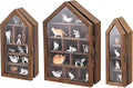 Ikee Design 3-Pc Wall-Mounted Wooden Display Case with Glass Doors | Shadow Cubby Box Display Shelf Wall-Mounted with Door Storage Display Case for Collectibles, Trinkets, Mini Figures, Black