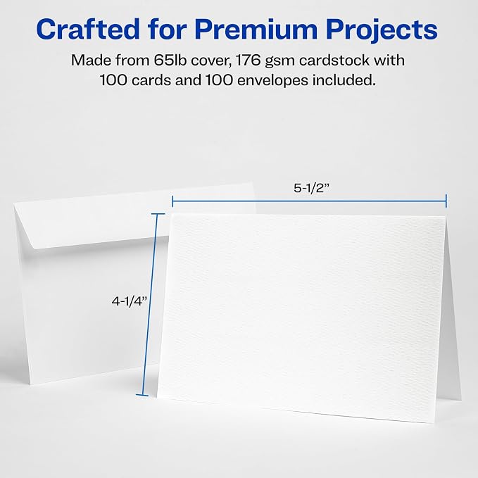 Avery® Printable Note Cards, Envelopes Included, 4.25" x 5.5", Textured White, Inkjet Printer Compatible, 50 Blank Cards per Pack, Great for Product Branding, Marketing, and More (2 Packs of 5813)