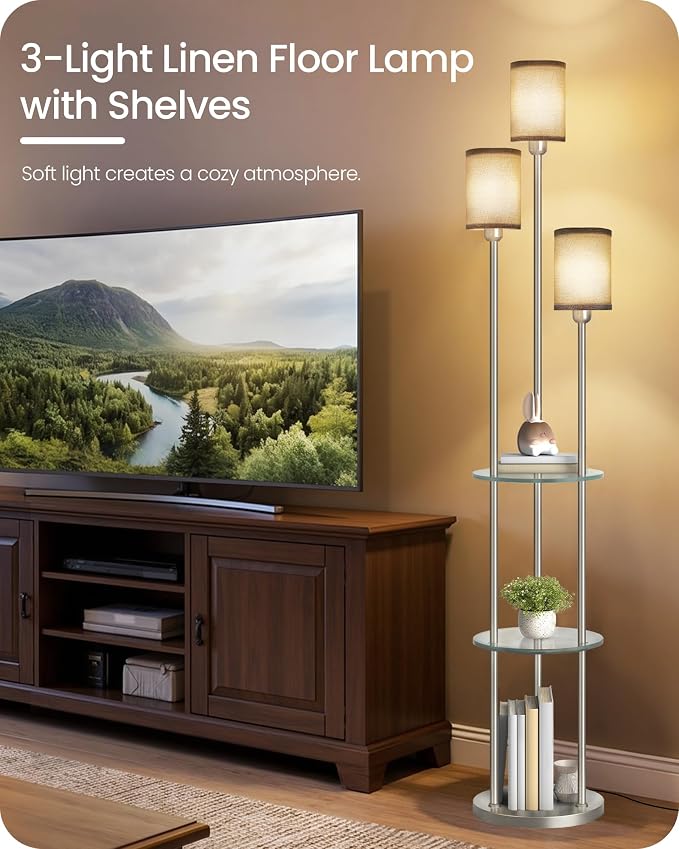 70.9" Floor Lamp with Shelves, for Living Room, 3-Tier Tall Lamp | Modern Shelf Floor Lamp with Foot Switch, 3-Light Standing Lamp, for Bedroom, Study, Office, Silver and Gray HSN53LD05