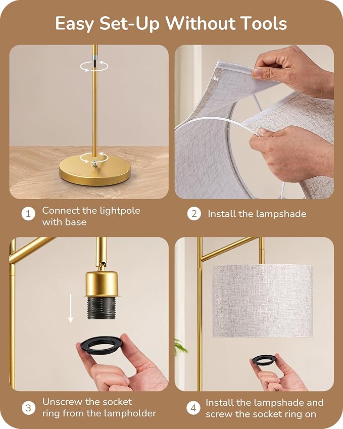 EDISHINE 64.7IN Gold Floor Lamp for Living Room with Remote, Standing Lamp | Dimmable Bulb Included, 5CCT, Foot Switch, Adjustable Head, Minimalist for Bedroom, Living Room, Office