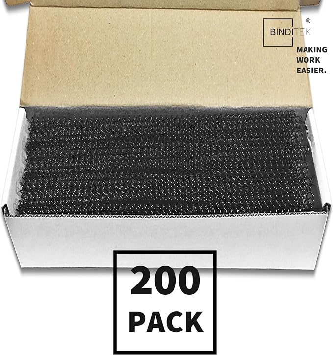 Binditek Plastic Spiral Binding Coils, 10 mm, 4:1 Pitch, Black, 200 Pack | Coil Binding Spines, 3/8", 75 Sheet Capacity, 48 Loops, for Letter-Size Reports, Presentations, School and Office Projects