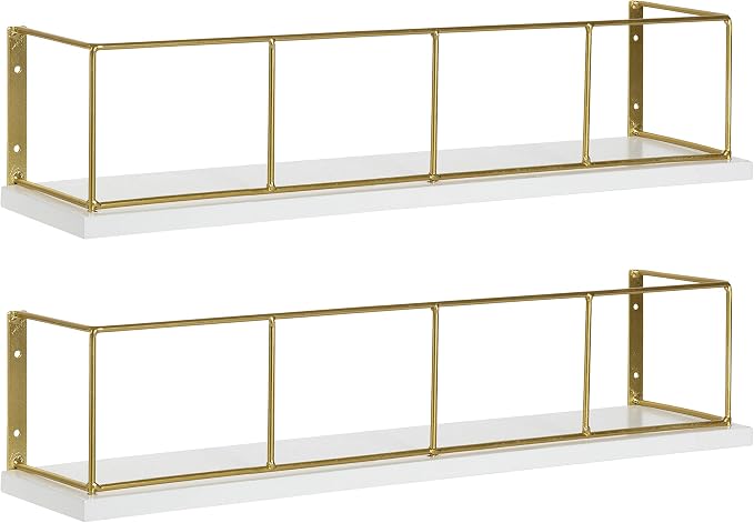 Kate and Laurel Benbrook 18-inch 2-Pack Wood and Metal Floating Wall Shelves, White and Gold
