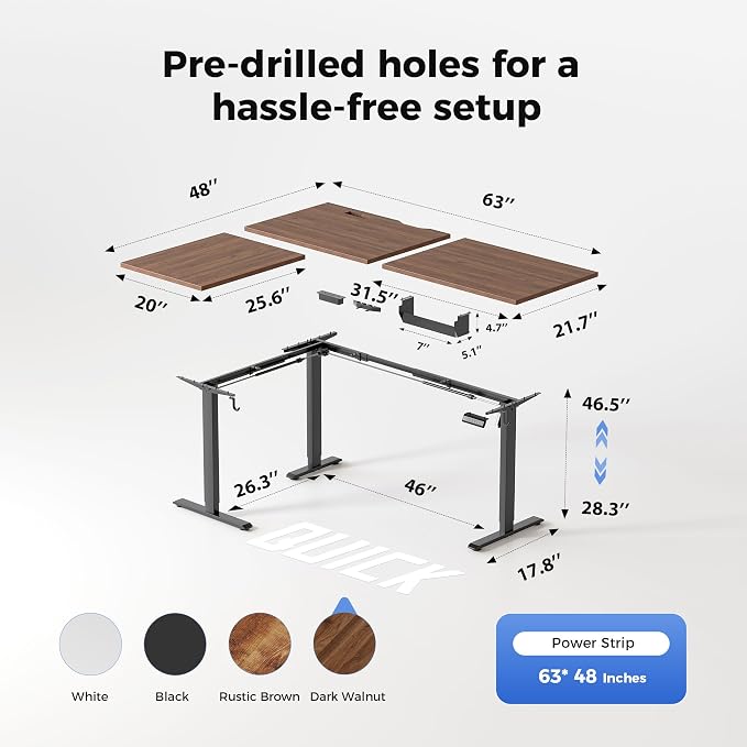 Agilestic 63 x 48 Inch L Shaped Standing Desk with Powerstrip, Dark Walnut | Outlets, Cable Management, Corner Desk, Ample Workspace, Memory Presets, Hooks, Stable Steel Frame,176 lbs, Splice Board