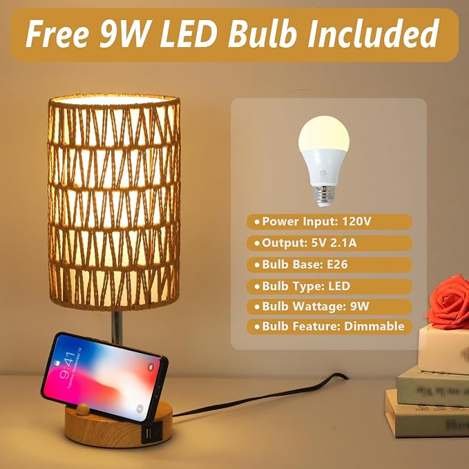 Boho Table Lamp for Bedroom with Bulb, Small Touch Control Table Lamp for Living Room with Rattan & Linen Shade, 3 Way Dimmable Bedside Lamp for Nightstand with USB Charging Port & Phone Stand