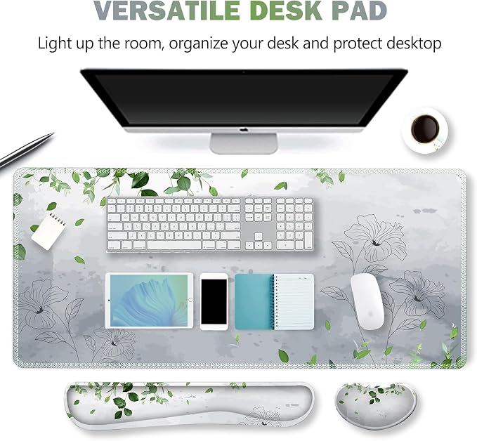 Gaming Mouse Pad Wrist Support Set, XXL Large Desk Mat Mousepad + Keyboard Wrist Support+ Mouse Wrist Rest+Coaster 4in1 Ergonomic, Memory Foam -Green Leaves and Line Flower