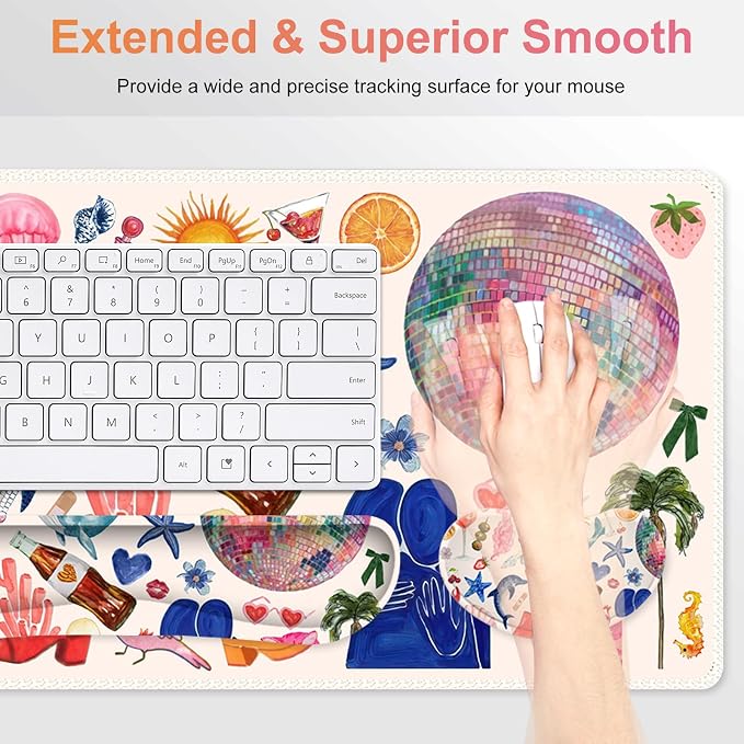 Large Gaming Mouse Pad Set, 4 in 1 Ergonomics Keyboard Desk Mat with Memory Foam Wrist Rest, Computer Extended Game Mousepad, Non-Slip Desk Matt Easy Typing Pain Relief I Colorful Stickers