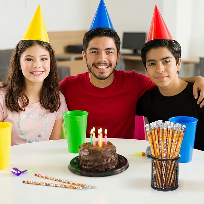 Tenceur 100 Pcs Feliz Cumpleanos Pencils Spanish Happy Birthday Pencils with Top Erasers Writing Materials Gifts for Birthday Party Supplies Reward Favors