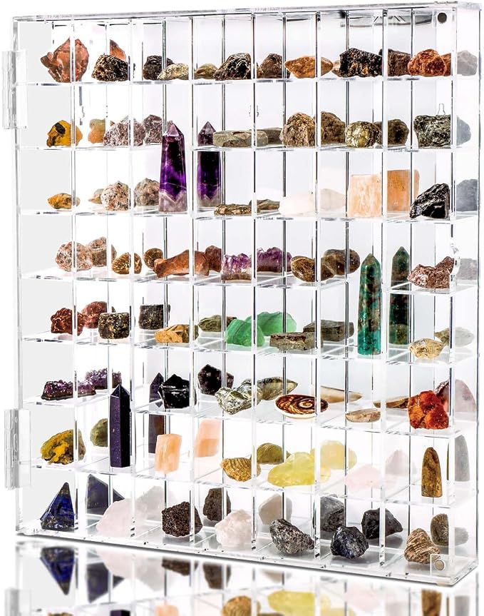 Adjustable Seashell Display Case Box Large Rock Fossil Arrowhead Case | Crystal Organizer Clear Wall Mounted & Desktop 56 Room Shadow Box for Mini Pop Figure, Collectibles, with Mirrored & Lid