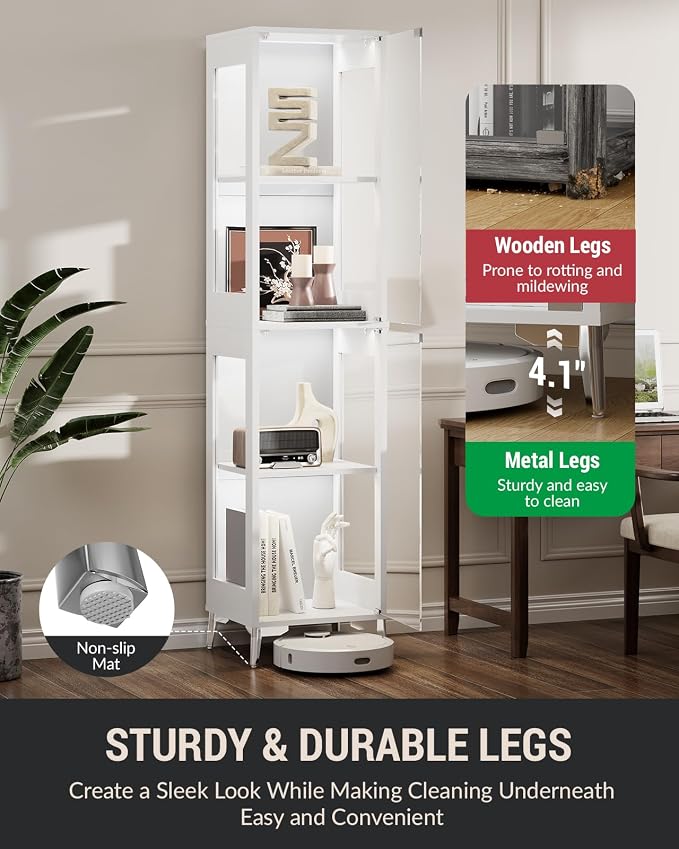 Glass Display Cabinet, 4-Tier Curio Cabinet, Adjustable Shelves, 60,000 Color Lights for Collectibles, Storage Cabinet with Door, Glass Display Case & Bookcase, App & Remote Control, White