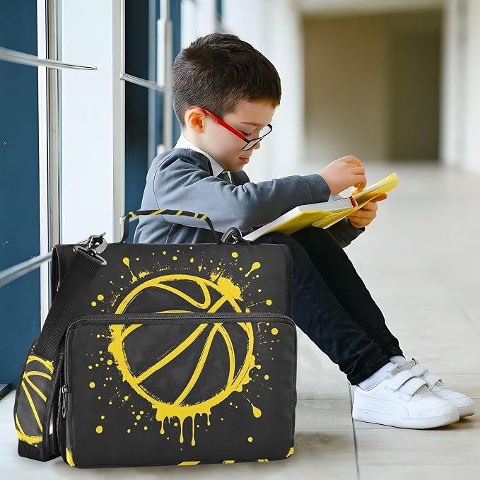 3 Ring Zipper Binder with Shoulder Strap Yellow Basketball Splash Black 1.5 inch Binders Keeper Large Capacity Multi Pockets for School Office Supplies