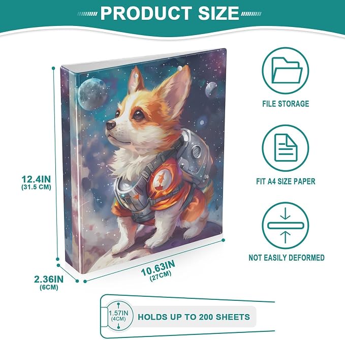 3 Ring Binder, Galaxy Space Dog File Folder Holds 200 Sheets File Storage for Women Men School Office Supplie