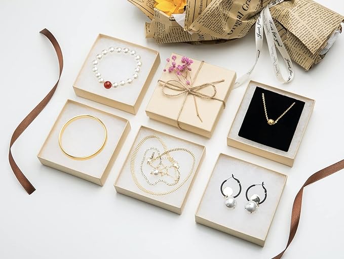 Magicool 40 Pack 3.5x3.5x1 Inch Cardboard Jewelry Boxes,Used for Necklaces,Bracelets,Earrings,Jewelry,Small Gift Packaging,Jewelry Gift Boxes with Lids and Filled with Cotton(Brown)