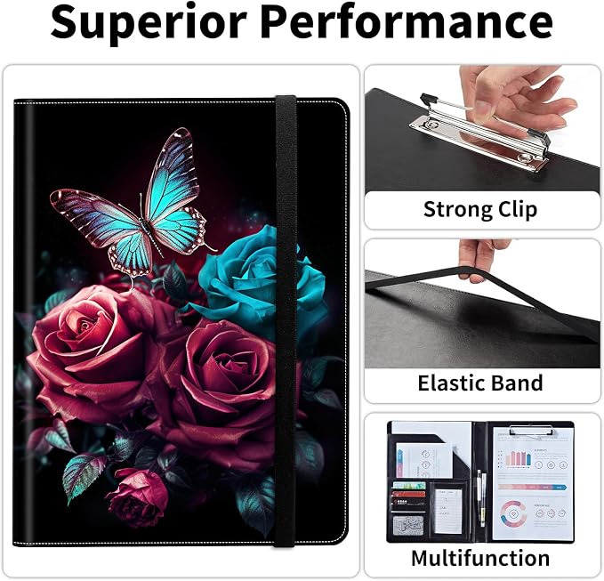 Padfolio/Portfolio Folder Clipboard,Padfolio Clipboard,Writing Portfolio Leather with Cover for Card Holder Slot Letter Size A4 for Office Conference Notepad Clip Boards,Roses Blue Butterfly