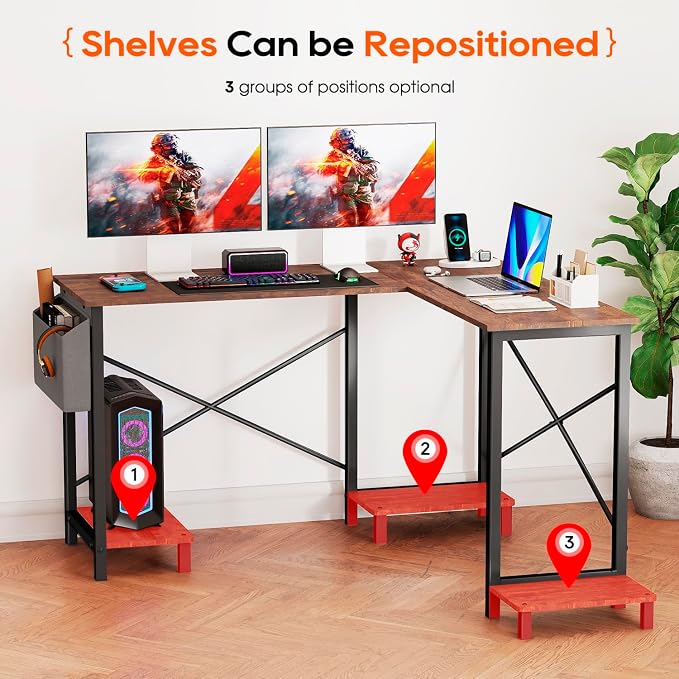 FDW 50 Inch L-Shaped Desk,Gaming Desk Computer Desk with Side Storage Bag & CPU Stand,Corner Desk for Home Office,Bedroom,Writing & Gaming,Brown