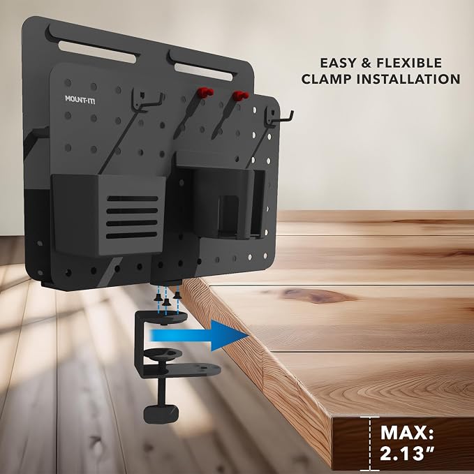 Mount-It! Desk Pegboard Organizer, 360 Rotation, Black | Clamp-on desk storage with cup holder, pen holder, hooks & magnets for home office, workshop & crafting stations.