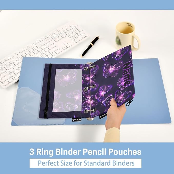 Custom Butterflies Purple Neon Pencil Pouch for 3 Ring Binder, 2 Pack Personalized Name Waterproof Pencil Bags Clear Window Pencil Case School Office Supplies