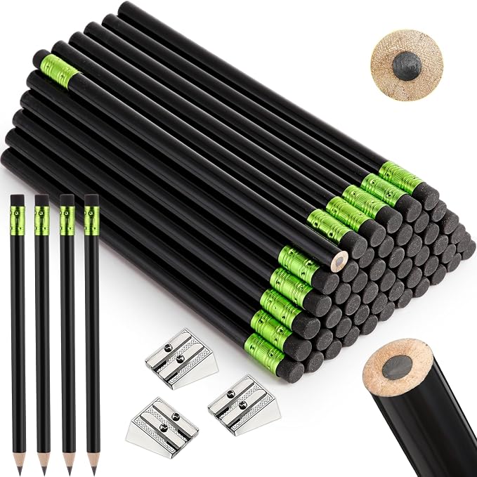 Fainne 48 Pcs Large Pencils 3 Sharpeners,Black,Round