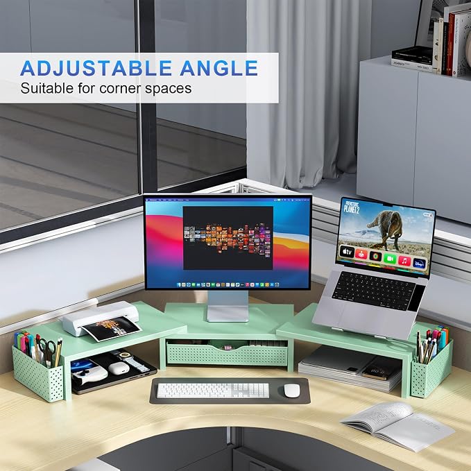 gianotter Dual Monitor Stand Riser With Drawer and 2 Pen Holders | Desk Organizer and Accessories Computer Monitor Stand, Desk Shelf for Top of Desk (Sage Green)
